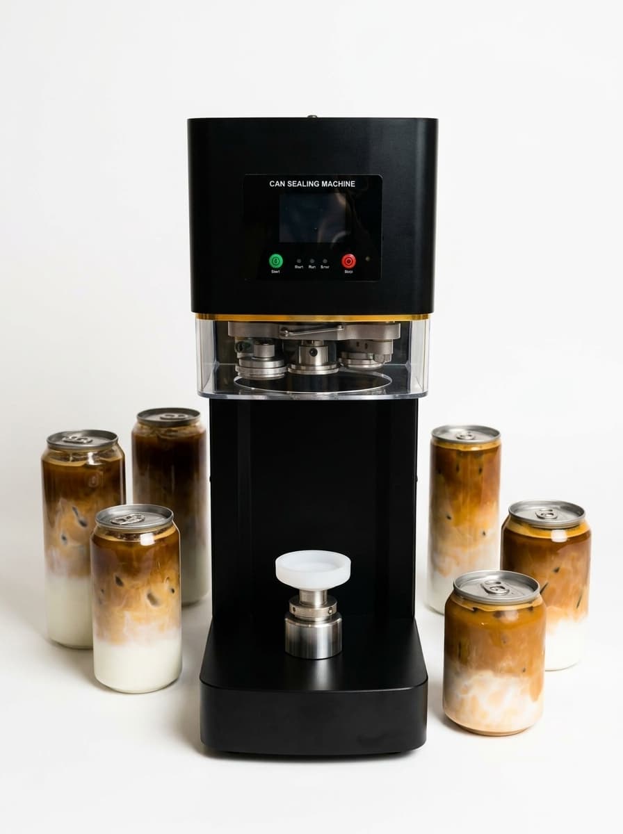 Black can sealing machine with iced coffee cans